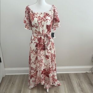 Gabby Skye Cream Midi Dress with Red Floral Print